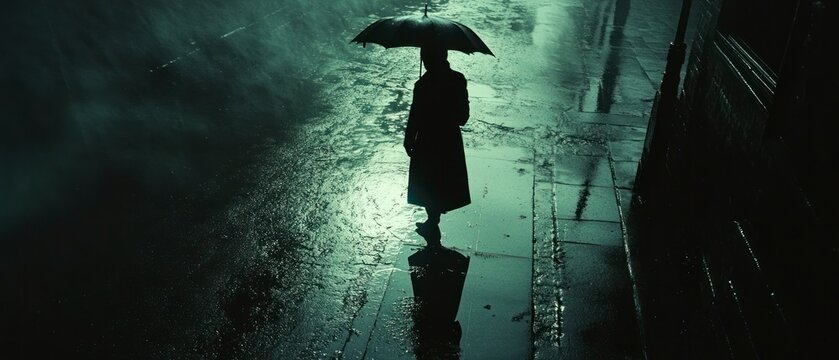 Person walks with umbrella on wet pavement during rainy night, revealing silhouette against eerie cityscape.