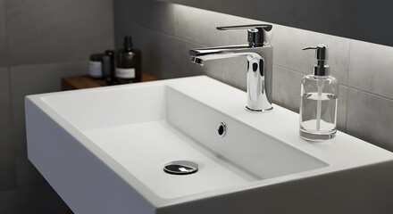 Bathroom sink with faucet and soap dispenser