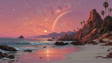 A tranquil alien beach at sunset.  Pink, starry sky with a large celestial body.  Rocky shoreline, palm trees, gentle waves