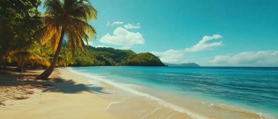 Naklejka premium Palm trees cast shadows on pristine sand, meeting turquoise ocean under clear sky, creating idyllic coastal vista.