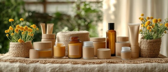 Cosmetic products are displayed amidst yellow flowers and burlap containers creating a sense of natural beauty and serenity.