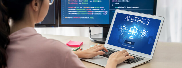AI ethics responsibility standard law and rules on computer screen provide report of AI ethic...
