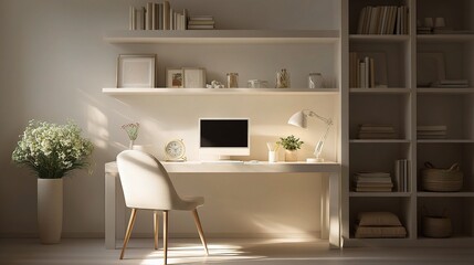Modern Clean Home Office Setup with White Desk and Shelves