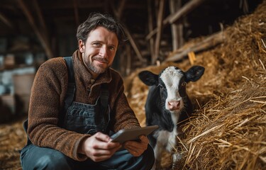 A dashing Caucasian farmer in general is grinning and crouching next to a calf while using a tablet.  internal stability.