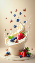 Blueberries, strawberries and chocolate in dynamic splashes of creamy yogurt