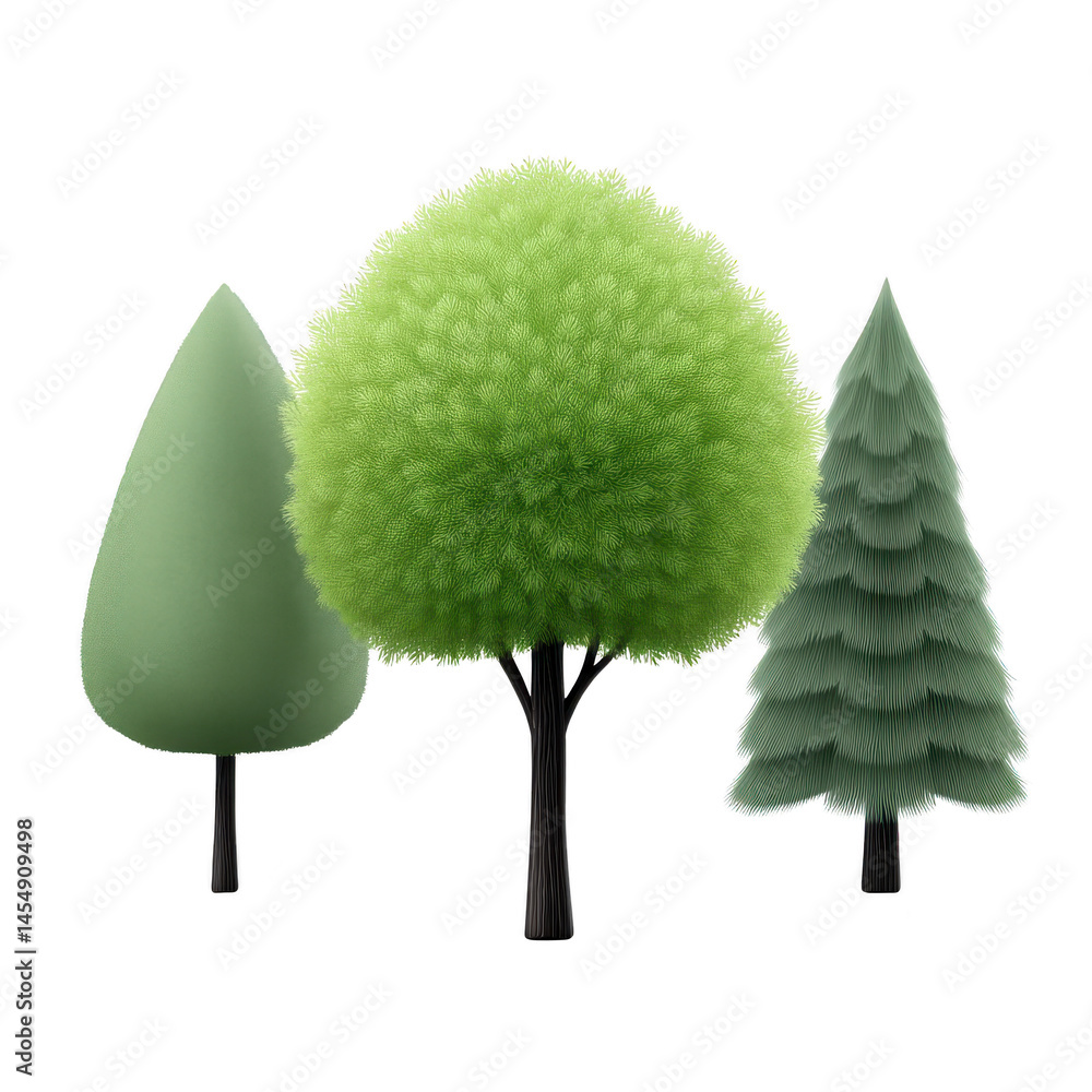 Poster three stylized trees with different shapes and textures are depicted, showcasing variety of green sh
