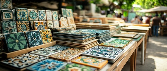 Colorful handmade tiles sit stacked and displayed on tables in a rustic outdoor market, enticing shoppers with vibrant ethnic designs.