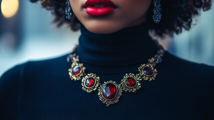 A bold statement necklace worn over a black turtleneck for a contrast look.