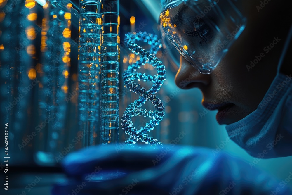 Poster close-up view of scientist examining dna model.