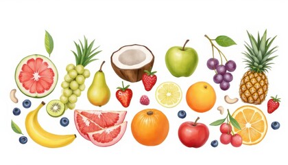 assorted fruits watercolor painting   illustrate a vibrant array of fruits like banana, watermelon, apple, orange, grape, coconut, pineapple, pear, lemons, limes, papaya, plum