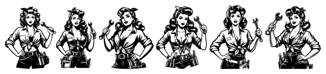 black and white vector of pin-up women in mechanic outfits with tools in retro vintage style