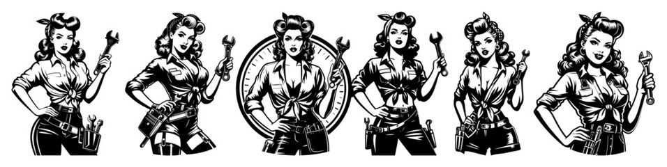 vintage pinup mechanics holding wrenches in workshop outfits, sexy retro black and white vector