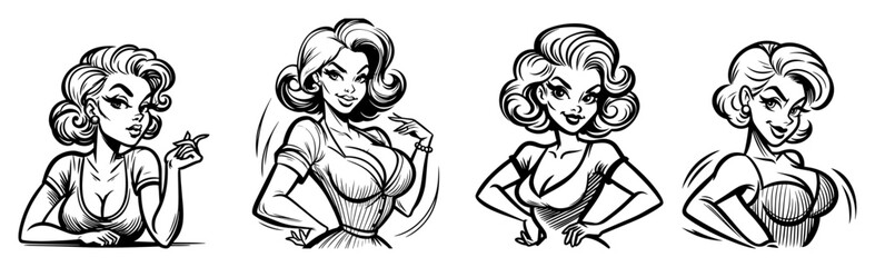 retro pin-up women set – vintage cartoon vector