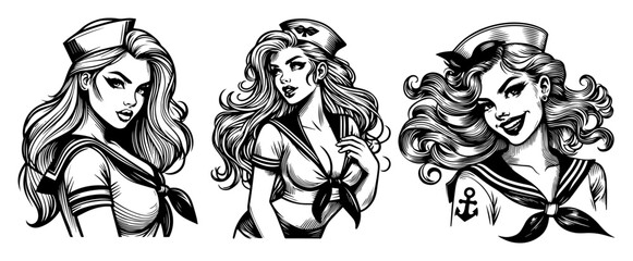 Trio of Smiling Sailor Pin‑Up Girls – Nautical Retro Vector Set