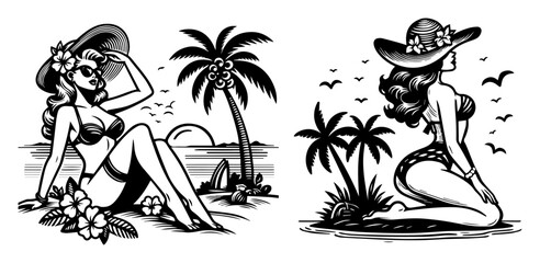 Fototapeta premium tropical pin-up girls on beach, vector
