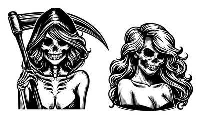 sexy grim reaper and skeleton girl vector