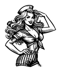 black and white vector of smiling pin-up sailor girl in retro naval uniform with salute pose