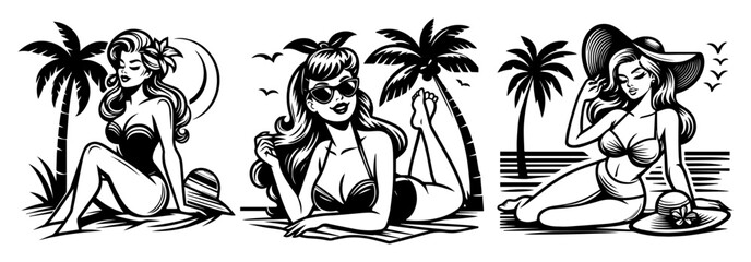 Tropical Trio – Vintage Beach Pin-Up Girls Relaxing under Palms and Sun, Playful Black-White Vector Set