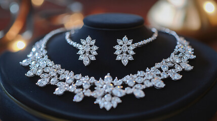 A bridal jewelry set with matching necklace and earrings adorned with crystals.