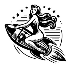 Jet-Age Thrill-Seeker – Retro Pin-Up Girl Riding Rocket Surfboard through Stars, Dynamic Black-Line Illustration