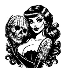 gothic pin-up girl holding skull with stitched smile and tattoo sleeve, black and white vector