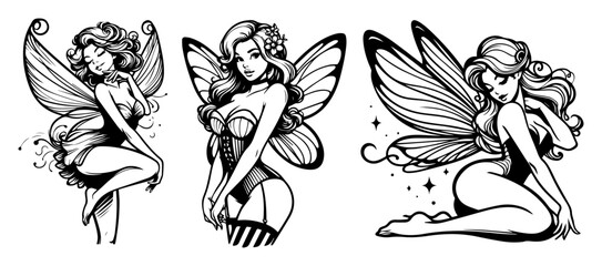 vector pin-up fairies in retro fantasy style