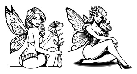 pinup fairy girls with wings and flowers in cute poses, black and white fantasy vector illustration