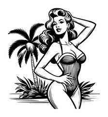 glamorous pin-up girl posing in bikini near palm tree, black and white vector