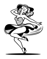 pin-up style woman dancing with twirling dress and heels, retro comic vector