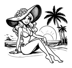 smiling beach pinup girl in bikini and hat sitting near palm trees, black and white summer vector