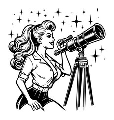 pin-up girl looking through telescope with stars around – vintage science vector