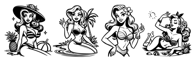 Flower Girl Pin‑Up Collection – Tropical Retro Vector Set