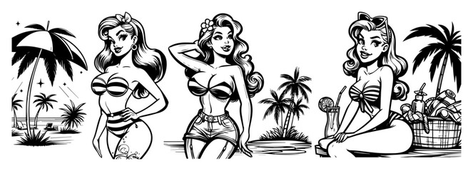 Fototapeta premium retro pin-up girls in swimsuits on tropical beach, black and white vector with vintage summer vibe