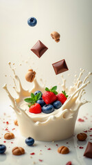 Blueberries, strawberries, chocolate and hazelnuts in dynamic creamy splash