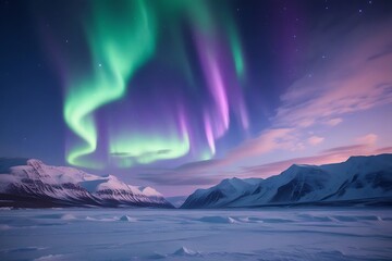 Naklejka premium Majestic Aurora Borealis Display Over a Snowy Arctic Landscape