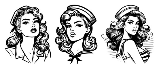 black and white vector of vintage pin-up style women wearing sailor outfits in portrait view