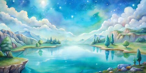 Magical watercolor landscape featuring a calm lake, soft rolling hills, distant mountains, lush greenery, dreamy celestial sky. Children's book illustrations, greeting cards, background design