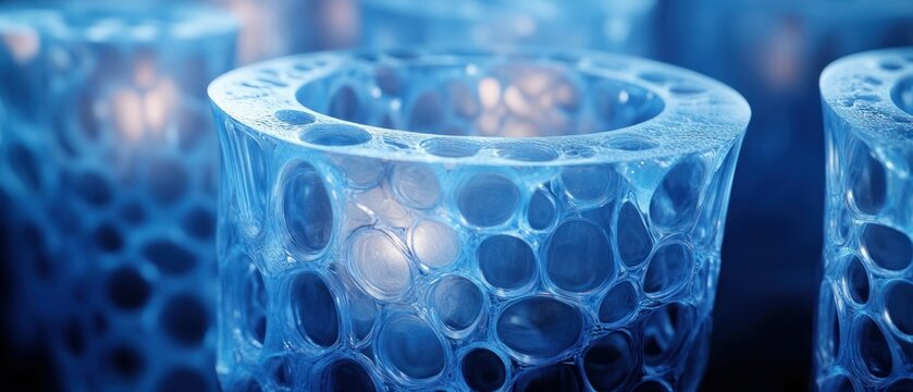 Porous translucent cylinders demonstrate cellular structure, exhibiting intricate light diffraction through bioengineered material.