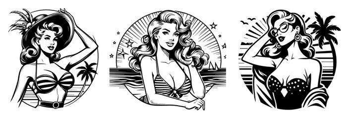 three retro pin-up girls in circular beach scenes, black and white vector portraits