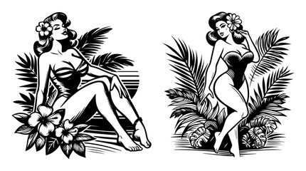 Two pin-up girls sitting among flowers and palm leaves. Retro black and white style