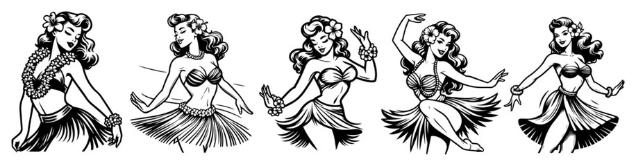 black and white vector of hula girls dancing in various poses, retro pin-up style with flower accessories