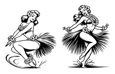 black and white retro-style vector of hula girls dancing in traditional grass skirts and flower leis