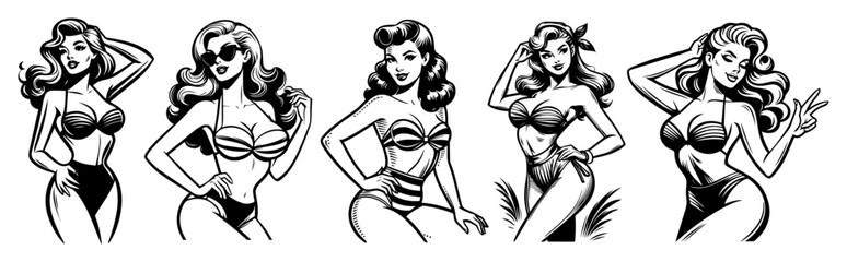pin-up bikini girls in vintage vector illustration
