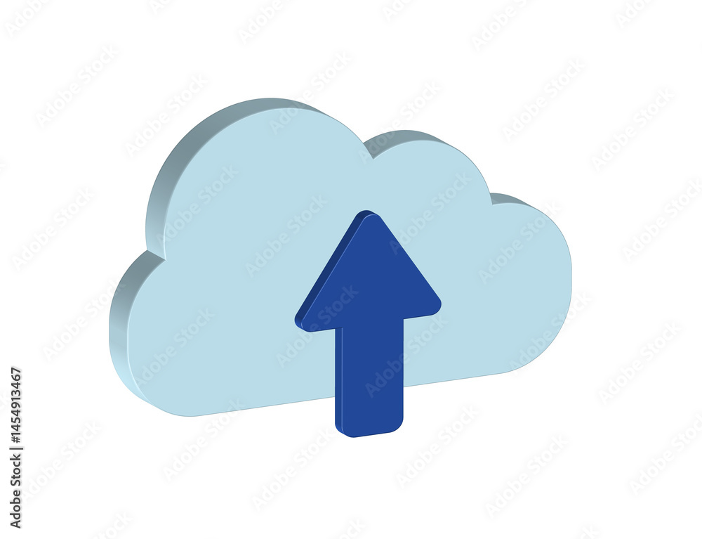 Poster 3d illustration of a cloud with a blue arrow pointing upwards. concept of uploading files to the clo