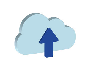 3D illustration of a cloud with a blue arrow pointing upwards. Concept of uploading files to the cloud. PNG format, transparent background