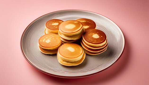 pankakes on russian plate isolated on light pink background