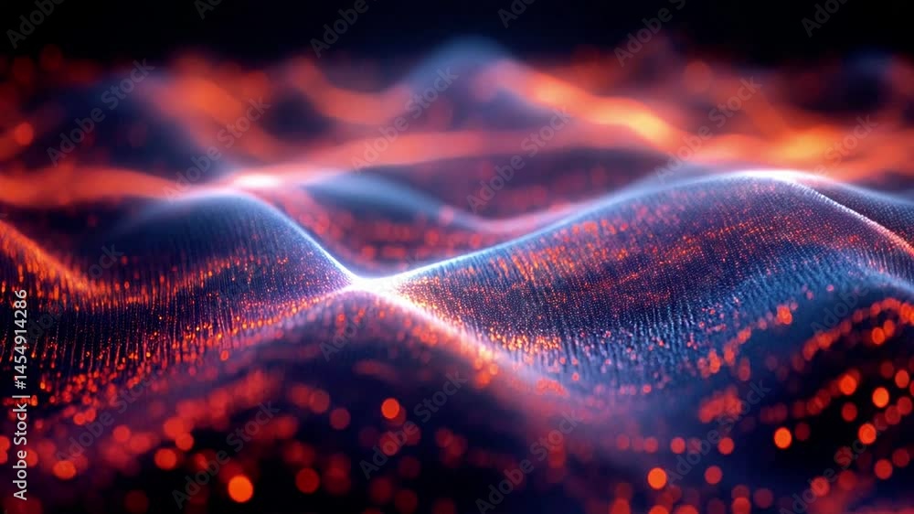 Poster vivid digital waves made of glowing orange particles undulate against a dark background, creating a 