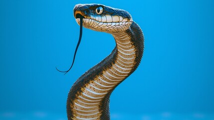 Fototapeta premium A Blue Background Render of a Cobra Rearing Its Head With a Spread Hood Highlighting Its Defensive Stance and Eye Contact With the Viewer In Macro Detail