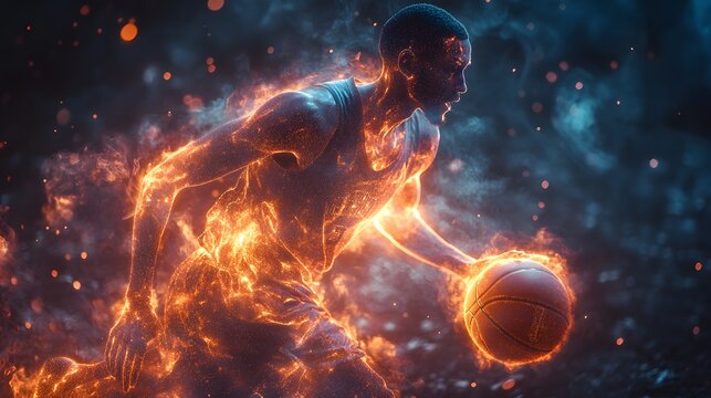 Abstract motion captures basketball player, lines illuminating their swift path - Powered by Adobe