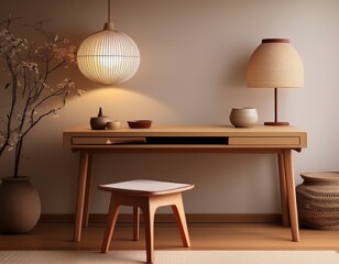 Arbeitsbereich mit Japandi-Schreibtisch und Papierlampe